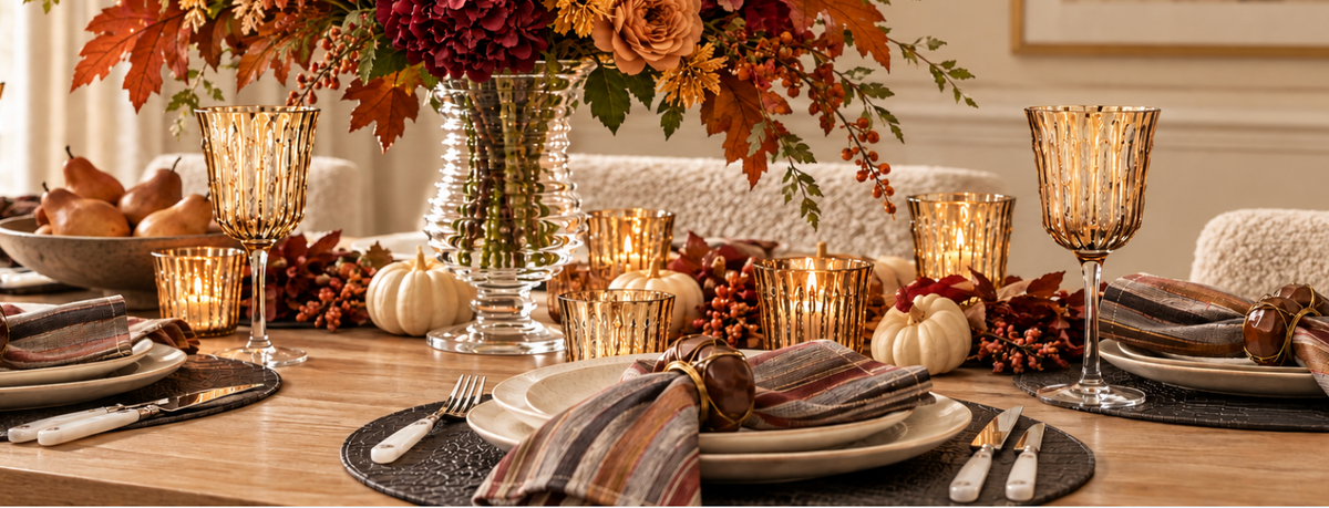 A wooden bowl with a striped cloth napkin and napkin ring sits on a black textured charger plate, next to glass dishes and purple flowers on a white marble surface.