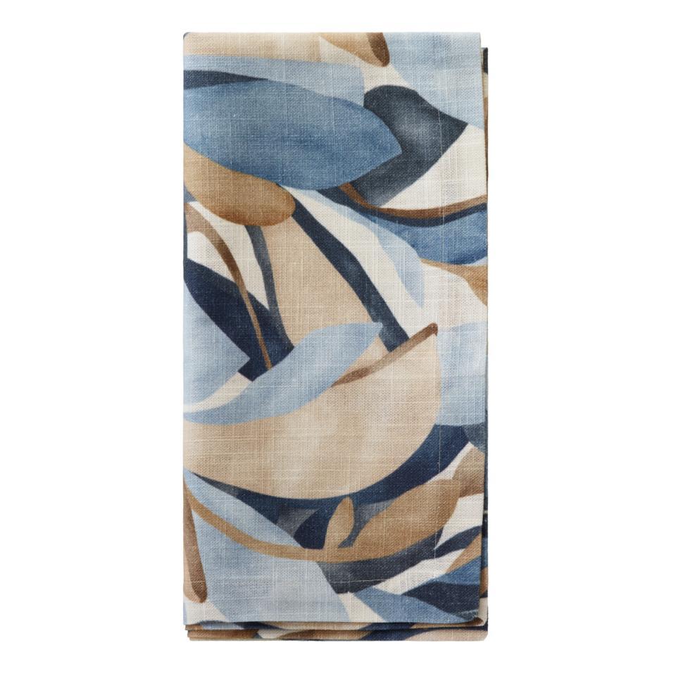 The Flora Napkin Set of 4 by Bodrum features cotton napkins with an abstract leaf pattern in blue, beige, and brown on a light background—ideal for elevating your fall tablescape.
