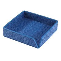 The Bodrum Wicker Cocktail Napkin Holder is a square, blue woven tray with high sides and a low, angled cutout—ideal for stylishly displaying napkins or small items.
