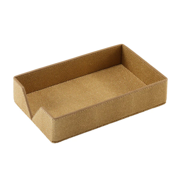 The Bodrum Stingray Guest Towel Holder is a rectangular, gold-textured box made from phthalate-free vinyl with an open lower front to dispense guest napkins.