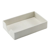 The Bodrum Stingray Guest Towel Holder is a rectangular, textured white tray made from phthalate-free vinyl with low sides and an open front corner, designed to hold notepaper, memos, or paper guest napkins.