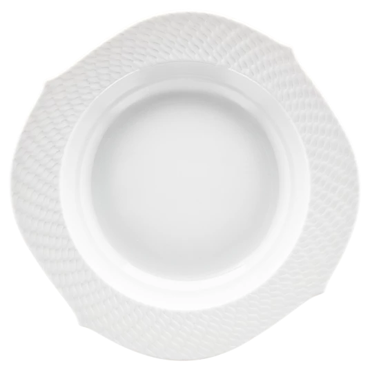 A white ceramic plate from the Meissen Waves Relief collection is seen from above against a soft, plain background. Highlighting the timeless elegance of Meissen craftsmanship, this modern dinnerware piece features a textured, patterned rim and a round center with gently squared edges—an ideal addition to any refined porcelain dinnerware collection.