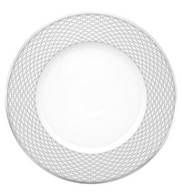 The Trasso Dinnerware by Vista Alegre features a white porcelain plate with a wide rim adorned in a gray geometric zigzag pattern and a plain, smooth center for elegant table settings.