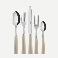 The Sabre Nature Flatware 5 Piece Setting - Faux Horn includes a large spoon, dinner fork, dinner knife, salad fork, and small spoon with shiny metal tops and light beige handles, made in France.