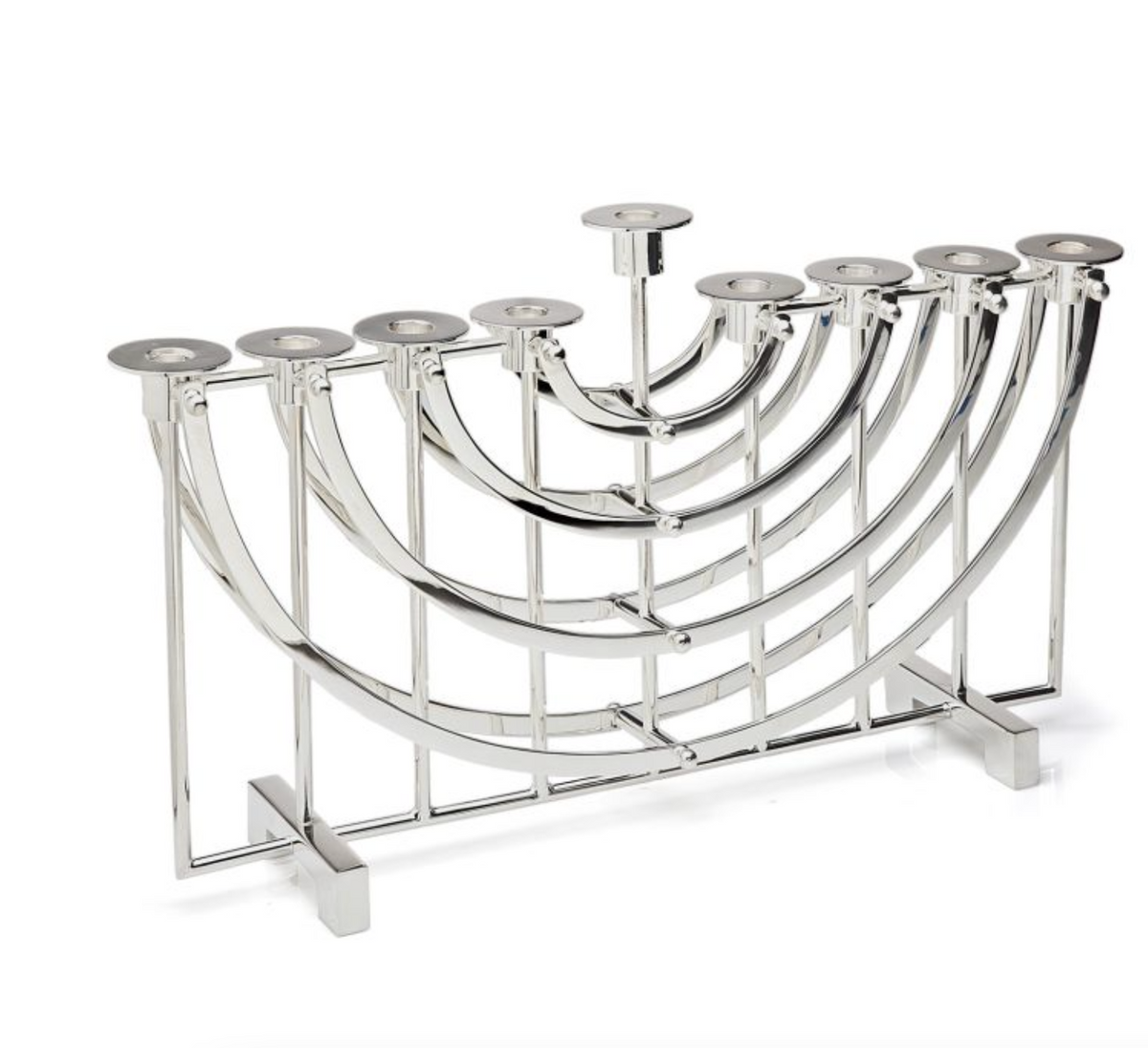 The Ricci Nickel Suspension Menorah features a modern geometric design with nine candle holders in a symmetrical, arched arrangement on a rectangular base—a striking piece of Jewish tradition.