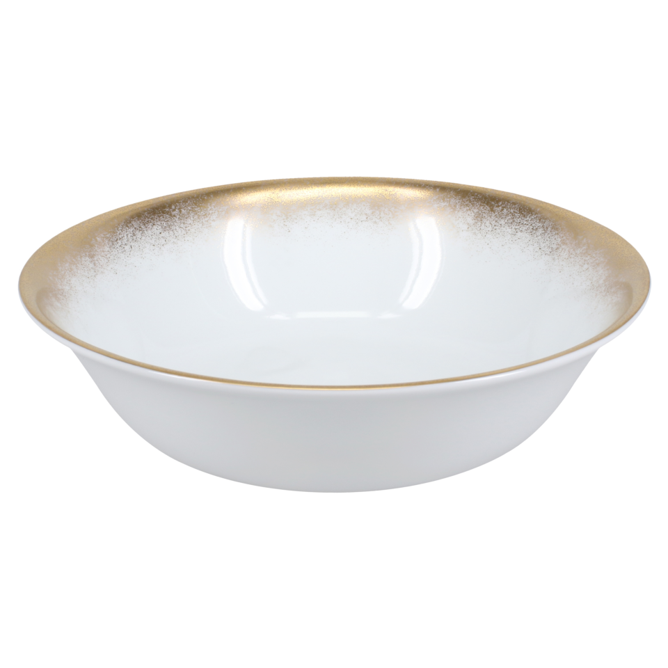 The Royal Limoges Yellow Fire Dinnerware bowl features glossy white Limoges porcelain with a wide rim and a subtle yellow gold gradient, offering a contemporary design with a smooth interior.