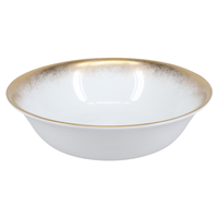 The Royal Limoges Yellow Fire Dinnerware bowl features glossy white Limoges porcelain with a wide rim and a subtle yellow gold gradient, offering a contemporary design with a smooth interior.