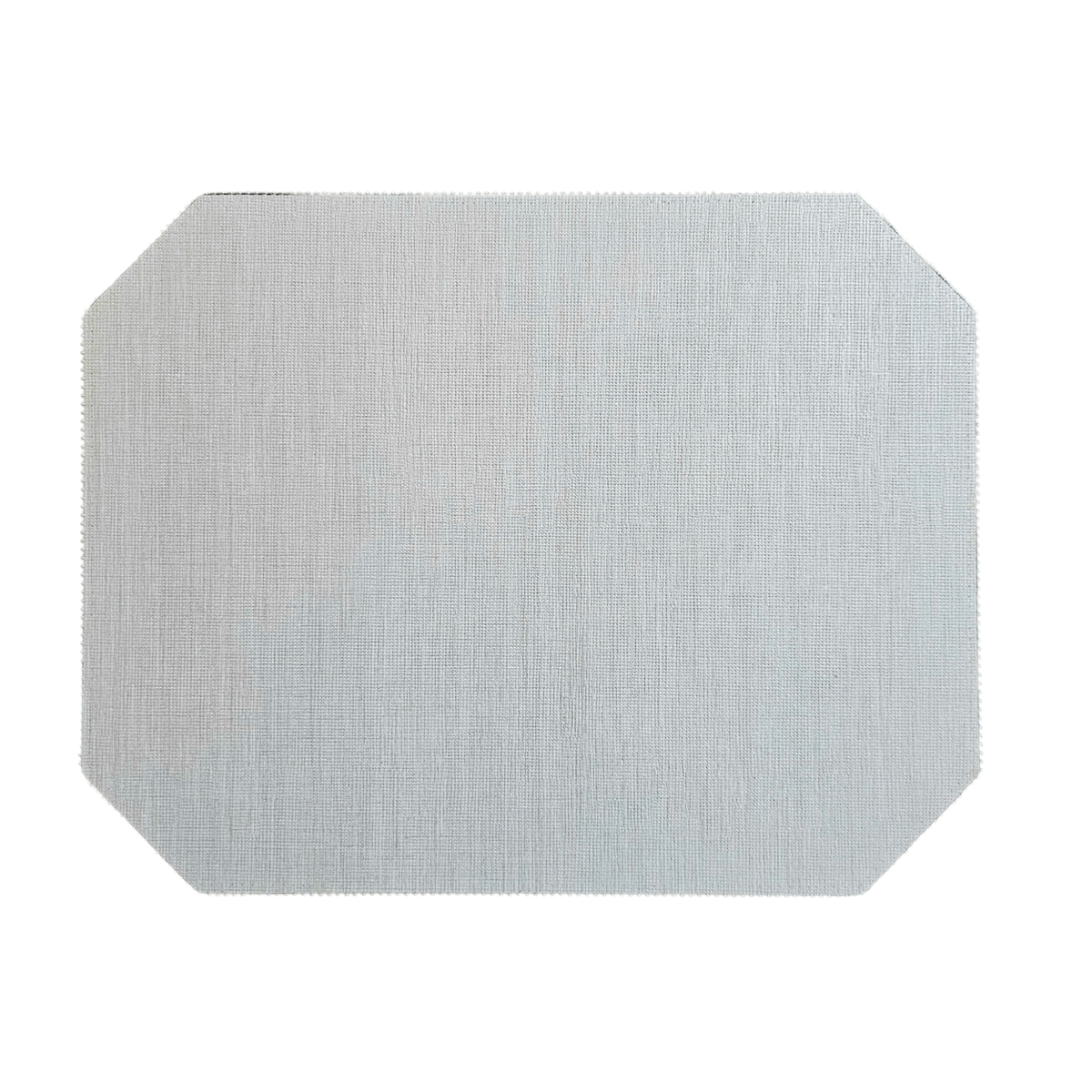 The Julian Mejia Bespoke Emerald Cut Rectangle Placemat Martini Set of 4 showcases light gray, rectangular placemats with gently rounded, chamfered corners and a subtle textured pattern, elegantly finished with a refined beaded edge and displayed on a white background.