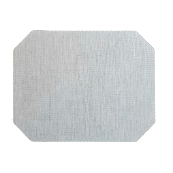 The Julian Mejia Bespoke Emerald Cut Rectangle Placemat Martini Set of 4 showcases light gray, rectangular placemats with gently rounded, chamfered corners and a subtle textured pattern, elegantly finished with a refined beaded edge and displayed on a white background.