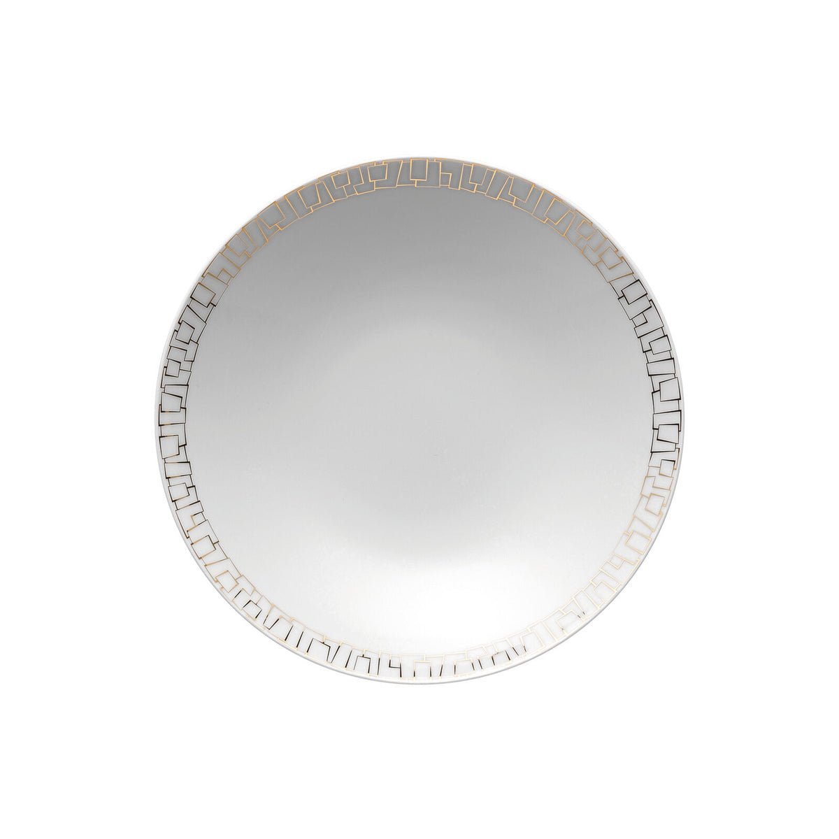 The Rosenthal Tac Skin Gold Dinnerware is a round white plate with a metallic geometric rim and durable glaze, shown on a plain white background.