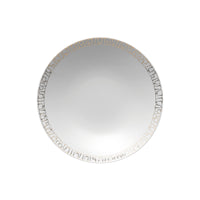 The Rosenthal Tac Skin Gold Dinnerware is a round white plate with a metallic geometric rim and durable glaze, shown on a plain white background.