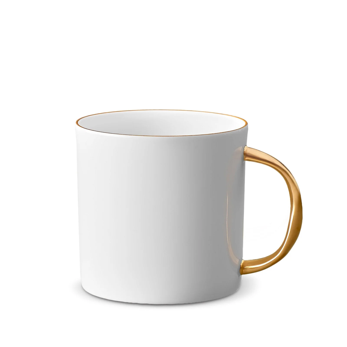 The L’Objet Corde Dinnerware Gold features a white ceramic mug with a glossy gold handle and thin gold rim, hand-painted in the refined L'Objet style, shown against a plain white background.
