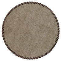 The Bodrum Whipstitch Round Placemat Set of 4 features taupe-colored, phthalate-free vinyl mats with dark brown stitched borders, seen from above on a white background.