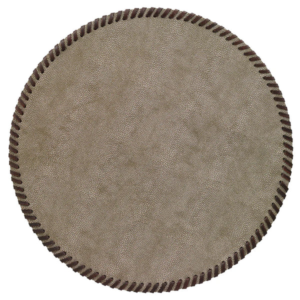 The Bodrum Whipstitch Round Placemat Set of 4 features taupe-colored, phthalate-free vinyl mats with dark brown stitched borders, seen from above on a white background.