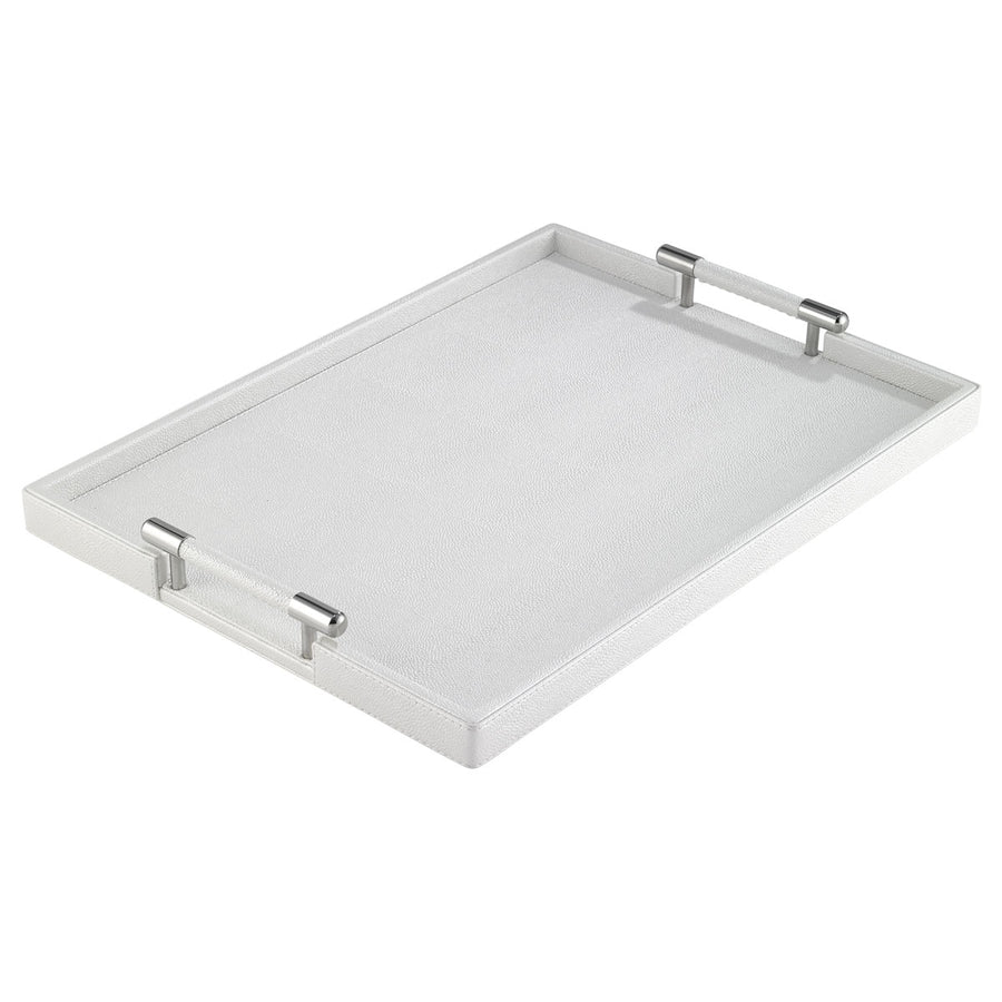 The Bodrum Stingray Handle Tray is a sleek, rectangular white tray with a textured surface and two silver handles, shown angled against a plain background—perfect as a modern bar tray.