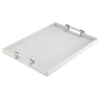 The Bodrum Stingray Handle Tray is a sleek, rectangular white tray with a textured surface and two silver handles, shown angled against a plain background—perfect as a modern bar tray.
