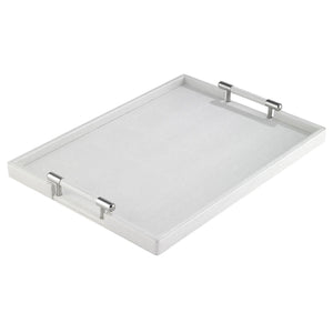 The Bodrum Stingray Handle Tray is a sleek, rectangular white tray with a textured surface and two silver handles, shown angled against a plain background—perfect as a modern bar tray.
