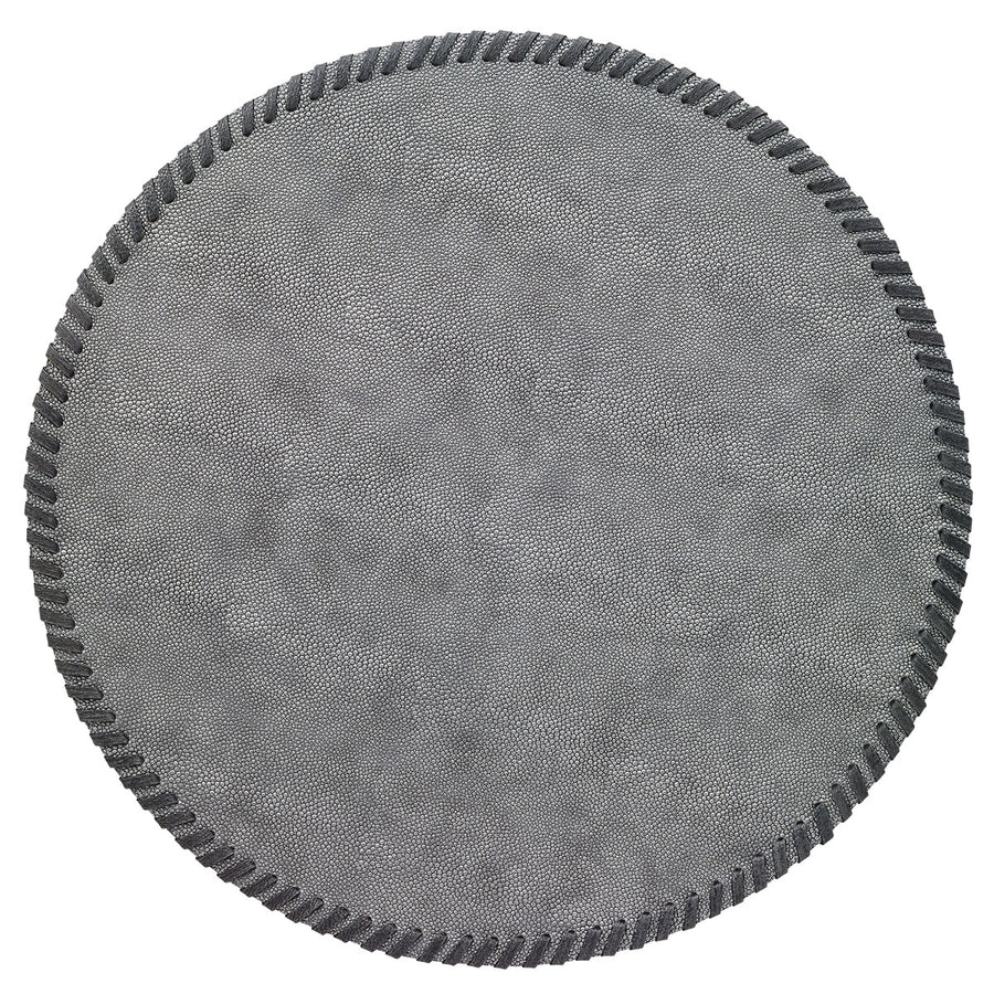 The Bodrum Whipstitch Round Placemat Set of 4 features textured gray, phthalate-free vinyl mats with dark scalloped edges, shown from above against a white background.