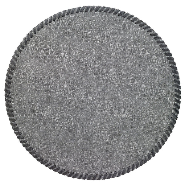 The Bodrum Whipstitch Round Placemat Set of 4 features textured gray, phthalate-free vinyl mats with dark scalloped edges, shown from above against a white background.