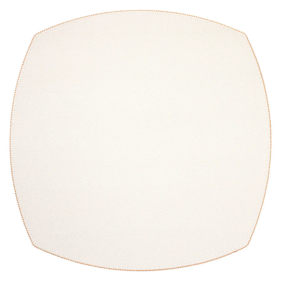 The Bodrum Allure Elliptic Square Placemat Set of 4 features round, off-white textured mats with gently curved edges and a thin orange stitched border, adding subtle elegance to your table setting. Shown against a white background.