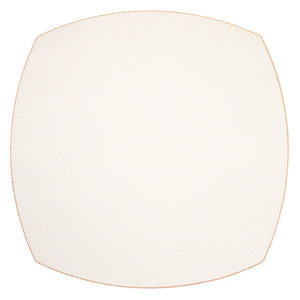 The Bodrum Allure Elliptic Square Placemat Set of 4 features round, off-white textured mats with gently curved edges and a thin orange stitched border, adding subtle elegance to your table setting. Shown against a white background.