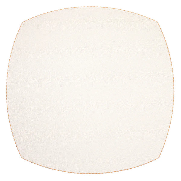 The Bodrum Allure Elliptic Square Placemat Set of 4 features round, off-white textured mats with gently curved edges and a thin orange stitched border, adding subtle elegance to your table setting. Shown against a white background.