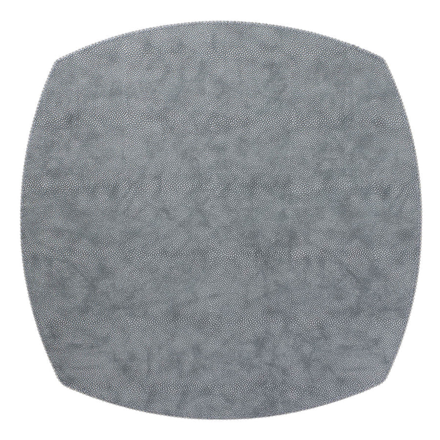 The Bodrum Allure Elliptic Square Placemat Set of 4 features round, gray, textured mats with straight sides and a beaded edge, resembling fabric or stone for an elegant table setting against a white background.