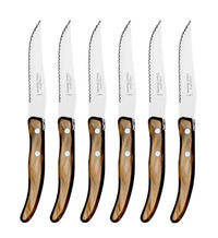 Six identical steak knives from the Claude Dozorme Berlingot Steak Knives Set of 6, each featuring shiny, brownish handles, are arranged side by side with their blades facing up. Known for their exceptional quality, these knives are positioned in a straight vertical row against a white background.