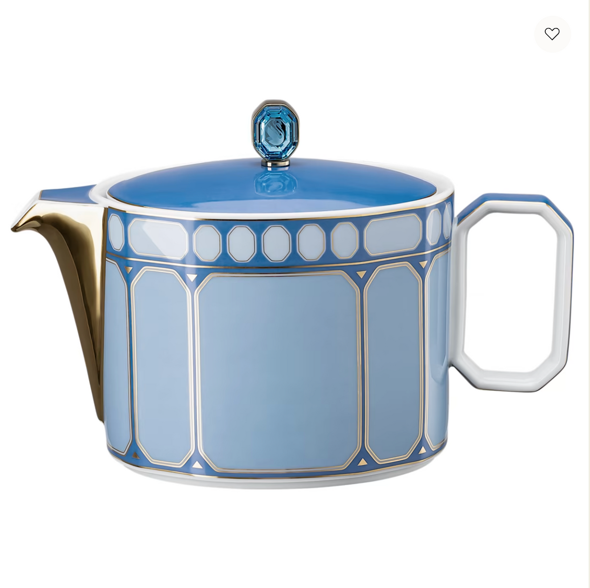 The Swarovski Signum Tea Pot Small by Swarovski x Rosenthal features blue and gold porcelain, a geometric pattern, gold spout, large angular handle, and a blue jewel-like lid knob for an elegant touch.