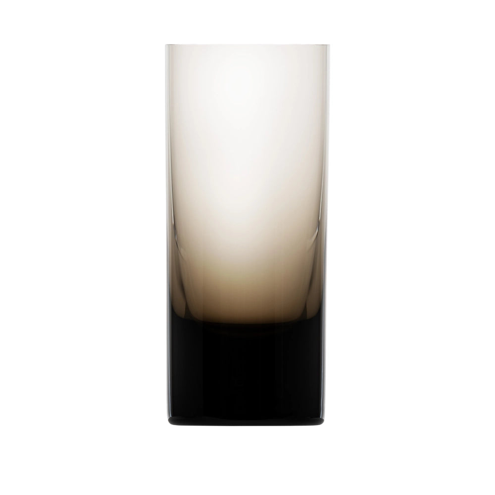 The Moser Whiskey Set Highball 400 ml is a tall, cylindrical glass made of lead-free crystal, featuring a gradient design that fades from clear at the top to black at the base, displayed on a white background.