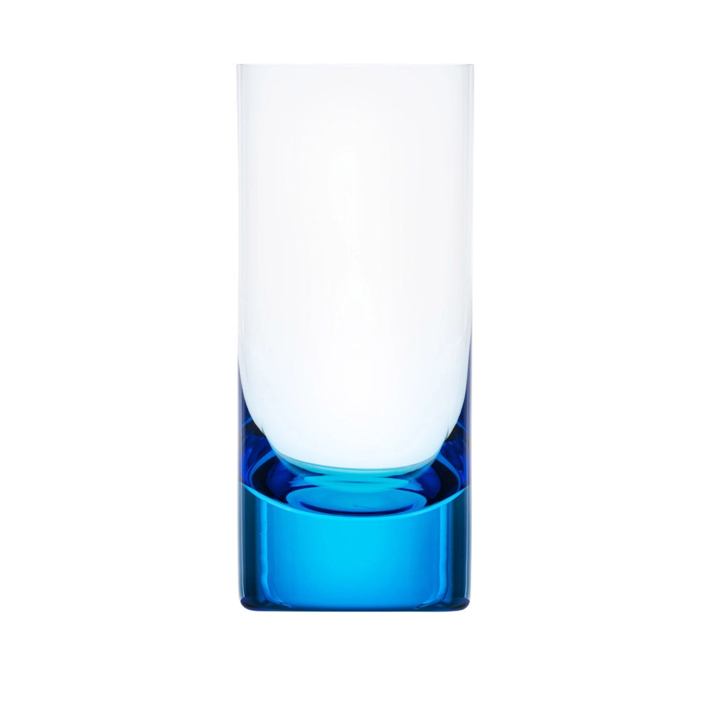 The Moser Whiskey Set Highball 400 ml is a tall, clear glass tumbler with a thick blue base, expertly crafted from hand-blown glass and shown upright on a white background.