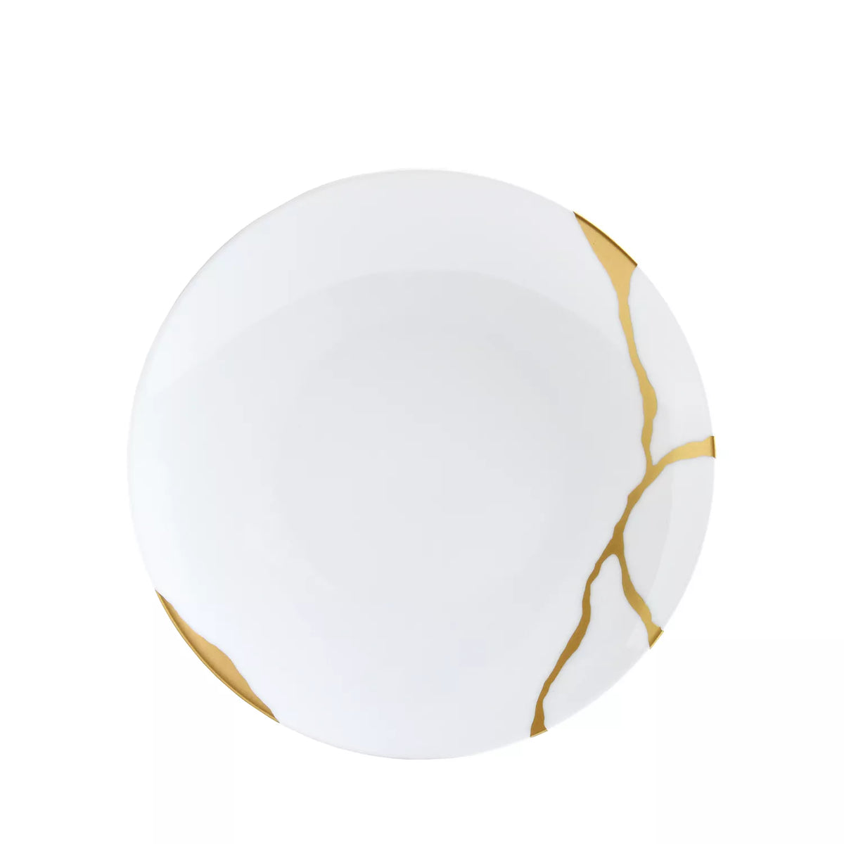 A Bernardaud Kintsugi Dinnerware plate in white, featuring gold marbled lines near the edges, is showcased against a plain white background.