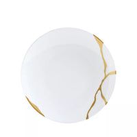 A Bernardaud Kintsugi Dinnerware plate in white, featuring gold marbled lines near the edges, is showcased against a plain white background.