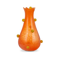 The Yakush Pollen Bloom Vase - Orange is a handmade vase featuring a flared, ruffled rim and small yellow decorative knobs evenly spaced around its surface.
