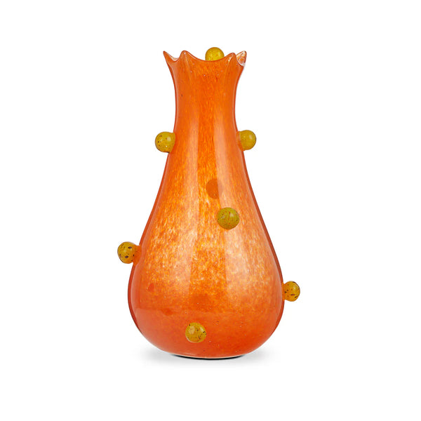 The Yakush Pollen Bloom Vase - Orange is a handmade vase featuring a flared, ruffled rim and small yellow decorative knobs evenly spaced around its surface.
