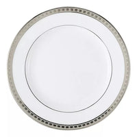 The Bernardaud Athena Platinum Dinnerware dinner plate, viewed from above on a white background, features a metallic silver geometric patterned rim and a thin black line near the border. The white porcelain plate is empty.
