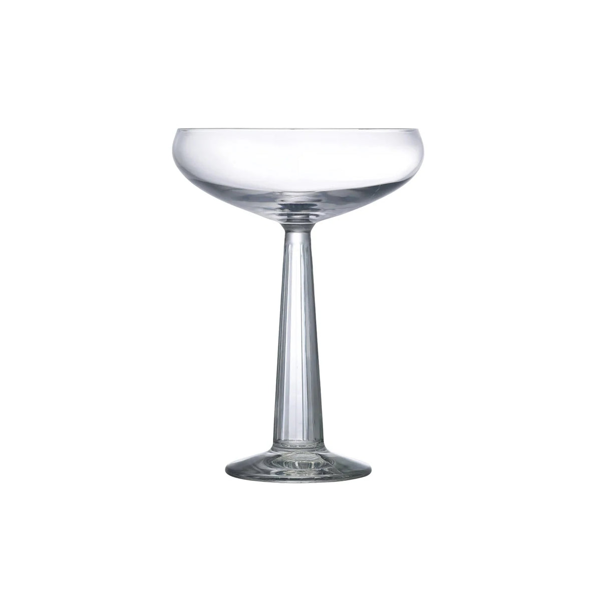 A clear, empty coupe glass from the Nude Glassware Big Top Coupe Glasses Set of 2, crafted from lead-free crystal with a wide bowl and long stem, is photographed against a plain white background.