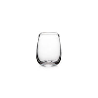 A clear, empty Woodstock Tumbler by Simon Pearce is centered on a white background.