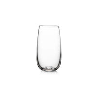 A clear, empty Woodstock Tumbler by Simon Pearce sits centered on a white background, casting a faint reflection below.