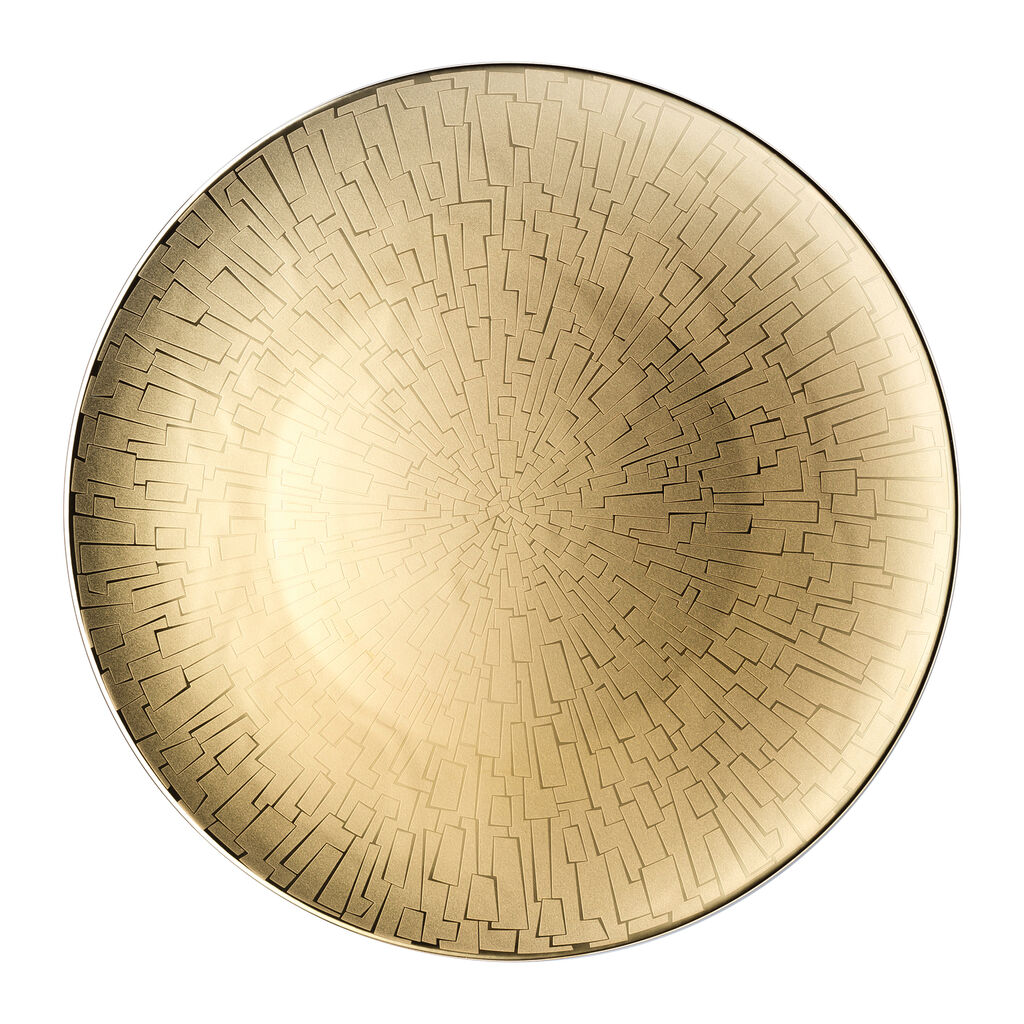 The Rosenthal Tac Skin Gold Dinnerware features a round, gold-colored plate with intricate geometric maze-like patterns radiating from the center, finished with a durable glaze for lasting beauty.