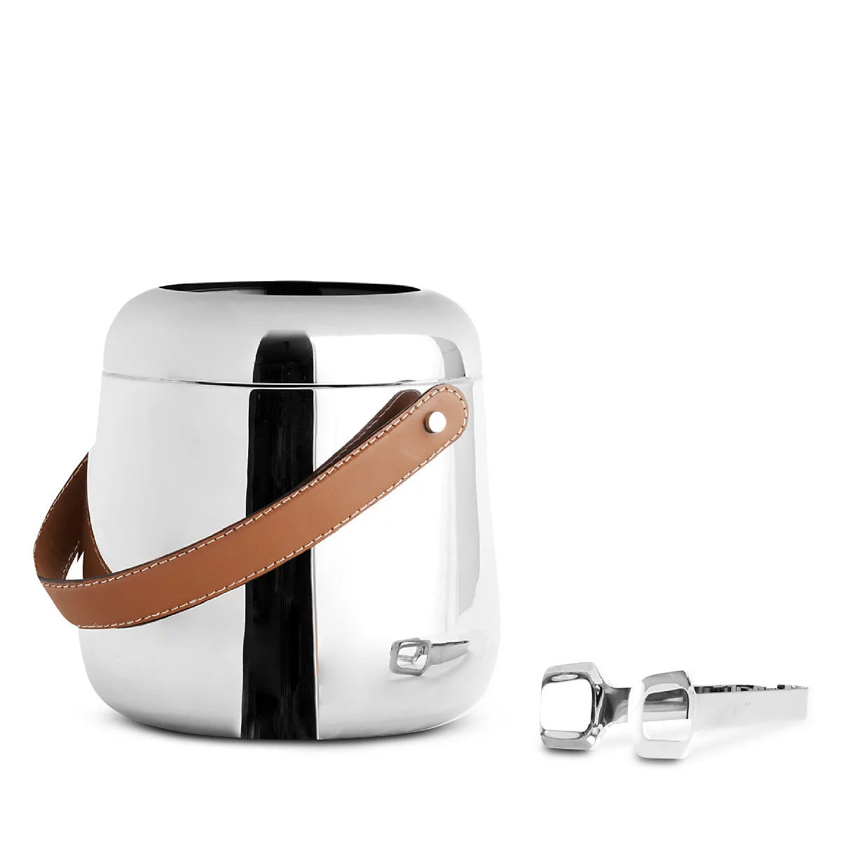 The Nambe Tahoe Ice Bucket w/ Tongs features a sleek stainless steel body with a brown leather handle and matching silver tongs—a stylish, modern addition to your home bar accessories.