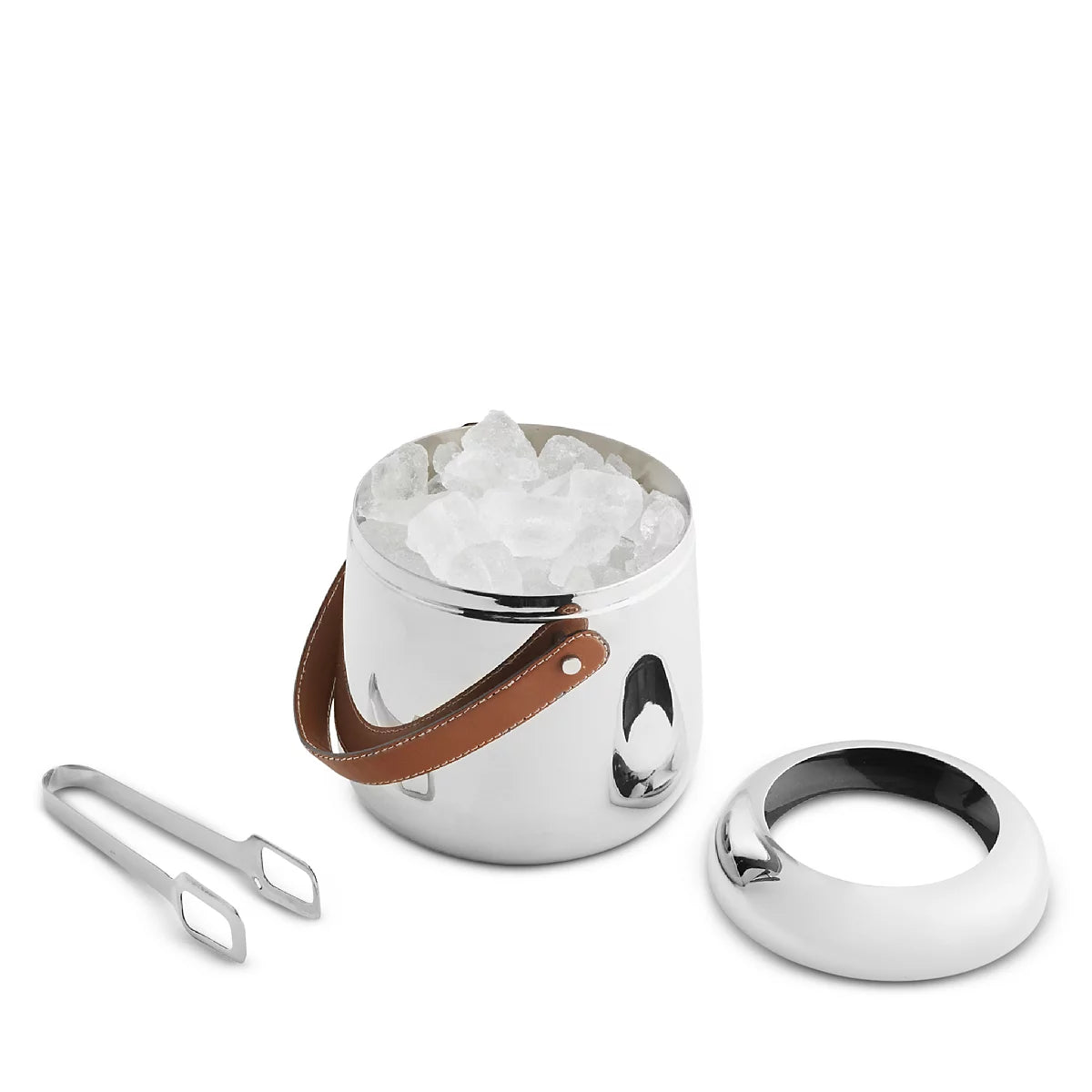 The Nambe Tahoe Ice Bucket w/ Tongs features stainless steel construction, a brown leather handle, a matching silver lid, and metal tongs—an elegant bar accessory for your home.