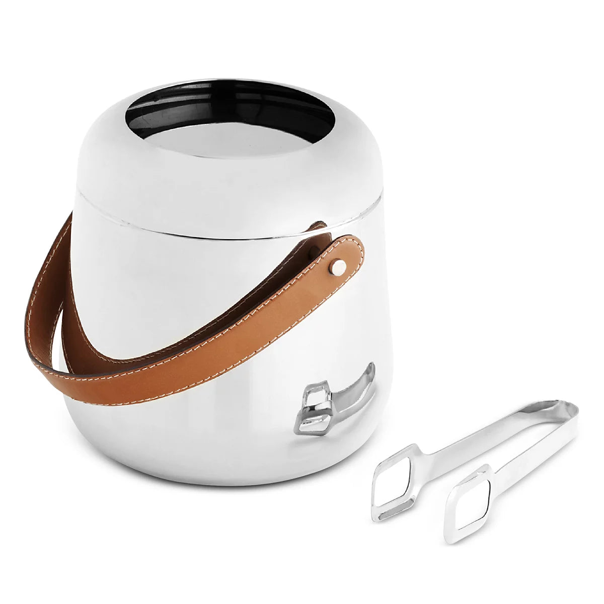 The Nambe Tahoe Ice Bucket w/ Tongs features shiny stainless steel and a tan leather handle—an elegant barware addition or gift for any home bar collection. Shown on a white background with matching silver tongs included.