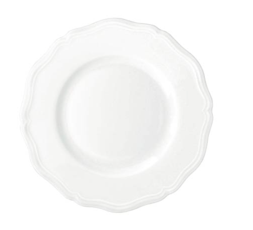 The Raynaud Argent White Dinnerware plate features scalloped, wavy edges and subtle embossed detailing in white Limoges porcelain, presented against a plain white background.
