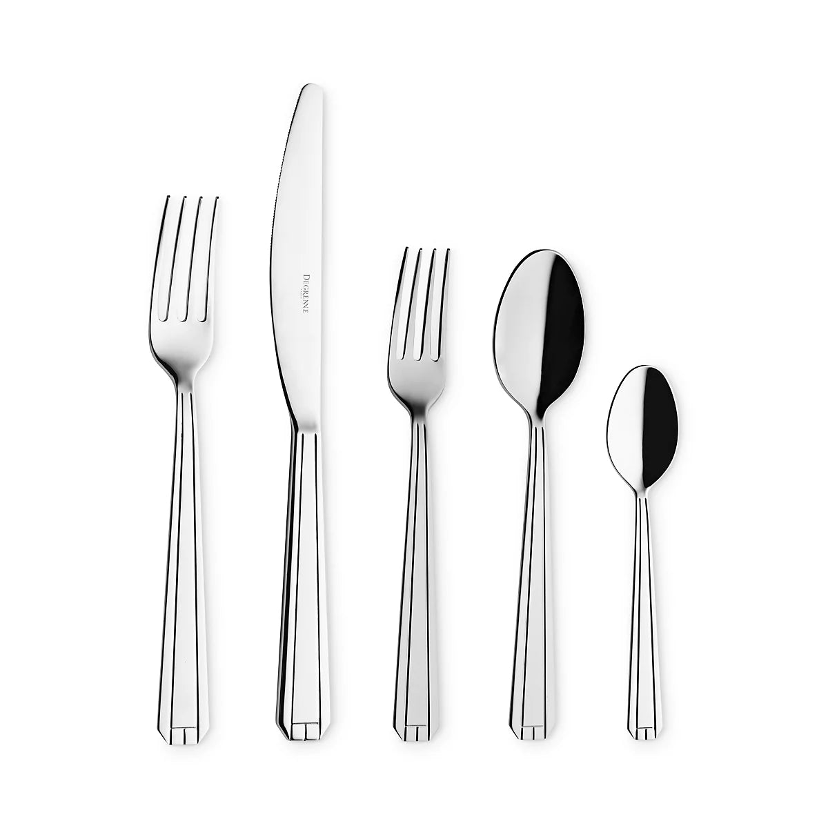 The Degrenne Normandy Flatware 5 Piece Set includes a large fork, knife, medium fork, tablespoon, and teaspoon—all with a shiny finish and modern, minimalist design.