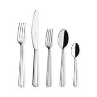 The Degrenne Normandy Flatware 5 Piece Set includes a large fork, knife, medium fork, tablespoon, and teaspoon—all with a shiny finish and modern, minimalist design.