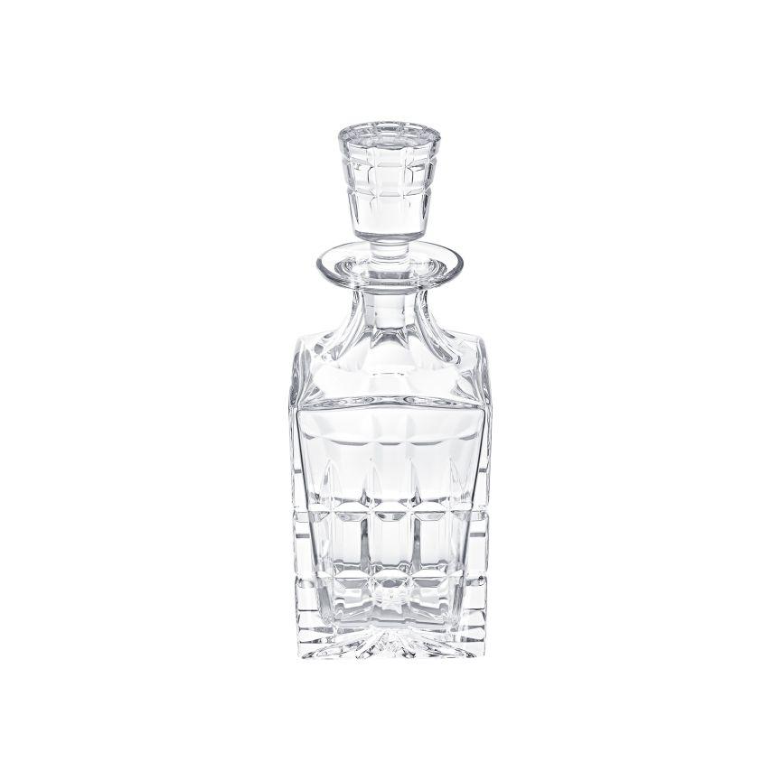 The Manhattan Square Decanter by Saint-Louis/Hermes features an elegant faceted crystal design with a matching stopper, ideal for spirits, and is displayed against a white background.