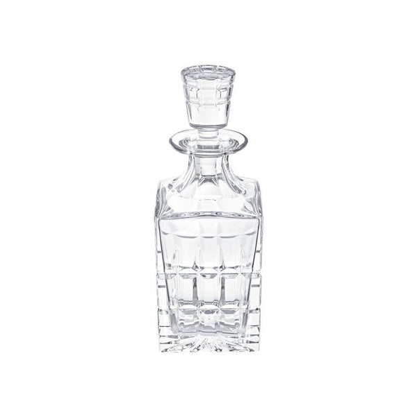 The Manhattan Square Decanter by Saint-Louis/Hermes features an elegant faceted crystal design with a matching stopper, ideal for spirits, and is displayed against a white background.