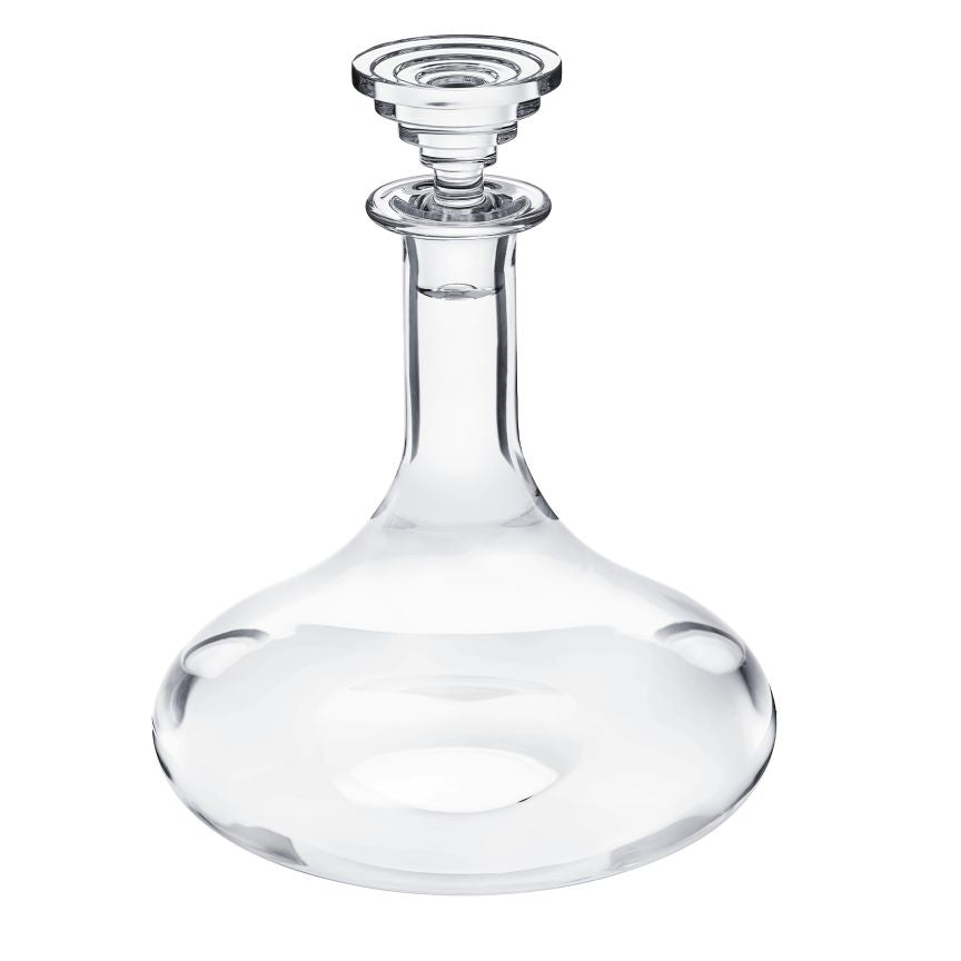 The Saint-Louis/Hermes Oxymore Wine Decanter, featuring clear glass with a round base, long neck, and decorative stopper, sits empty on a white background—an elegant touch for any tableware collection.