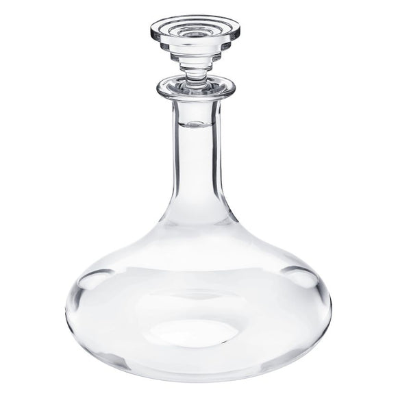 The Saint-Louis/Hermes Oxymore Wine Decanter, featuring clear glass with a round base, long neck, and decorative stopper, sits empty on a white background—an elegant touch for any tableware collection.